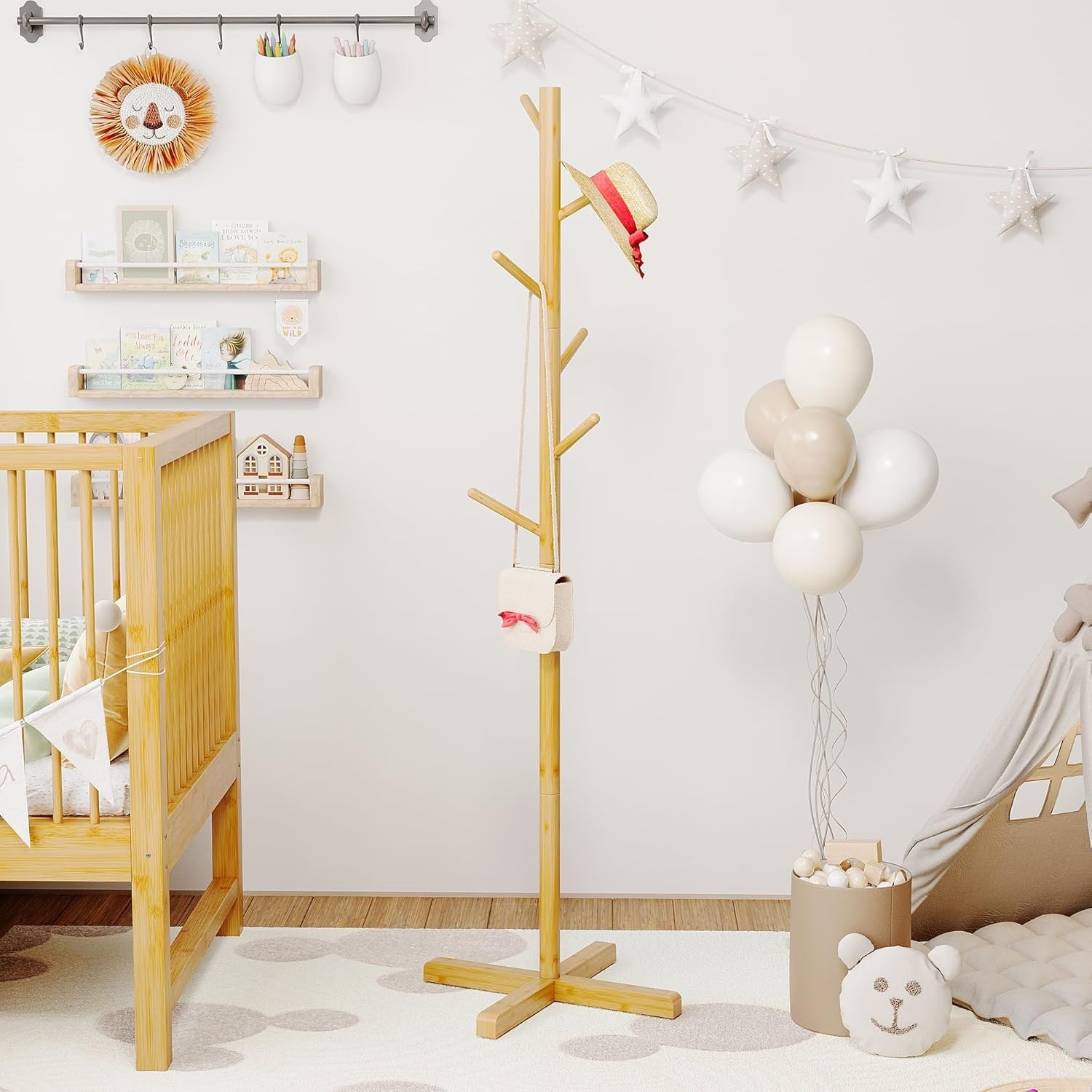 Freestanding Wooden Coat Rack 9 Hooks Adjustable Height 2 Tier Hall Stand