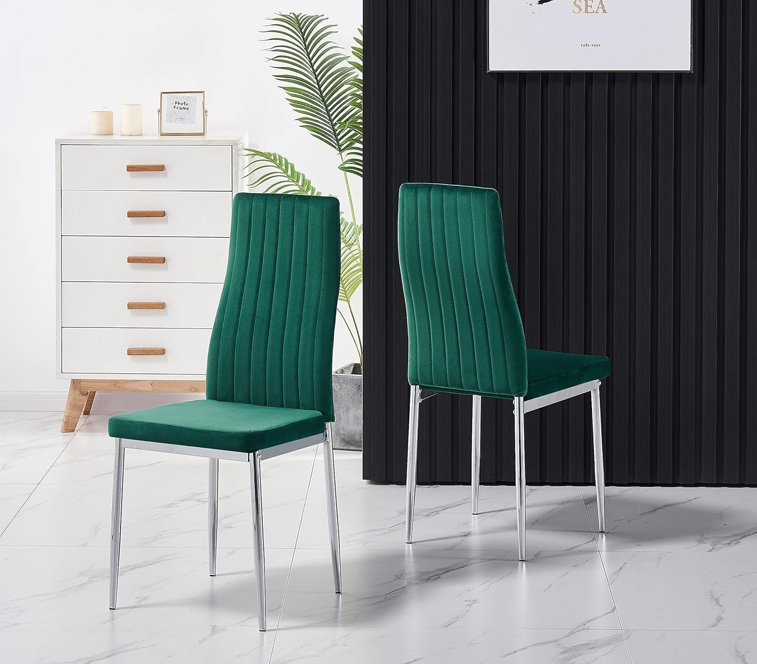 Modern White Dining Table Set 4 Chairs Velvet Green High Gloss Rectangular
