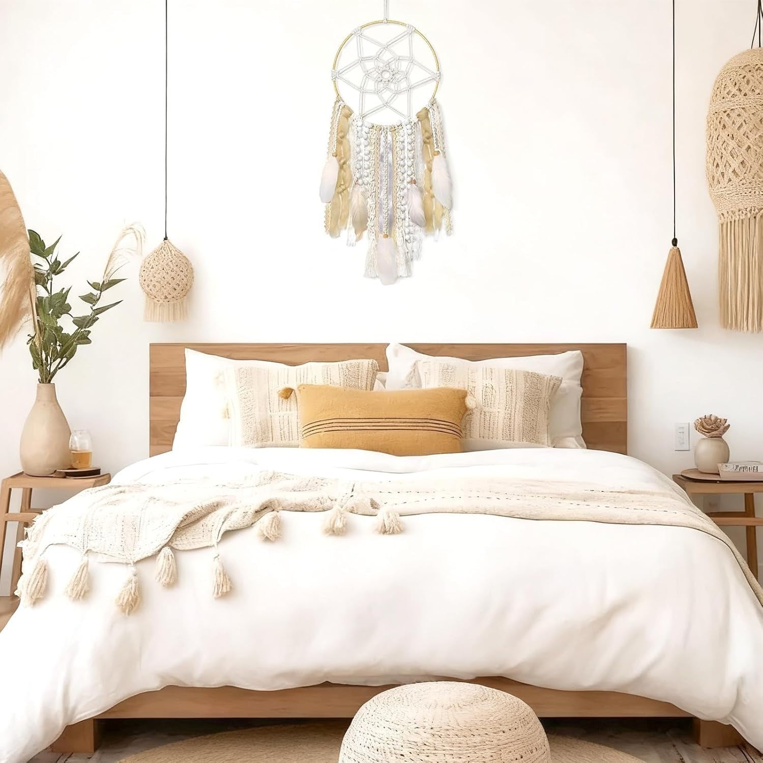 Boho Dream Catcher 64cm Woven Beige Feather Wall Hanging Decor