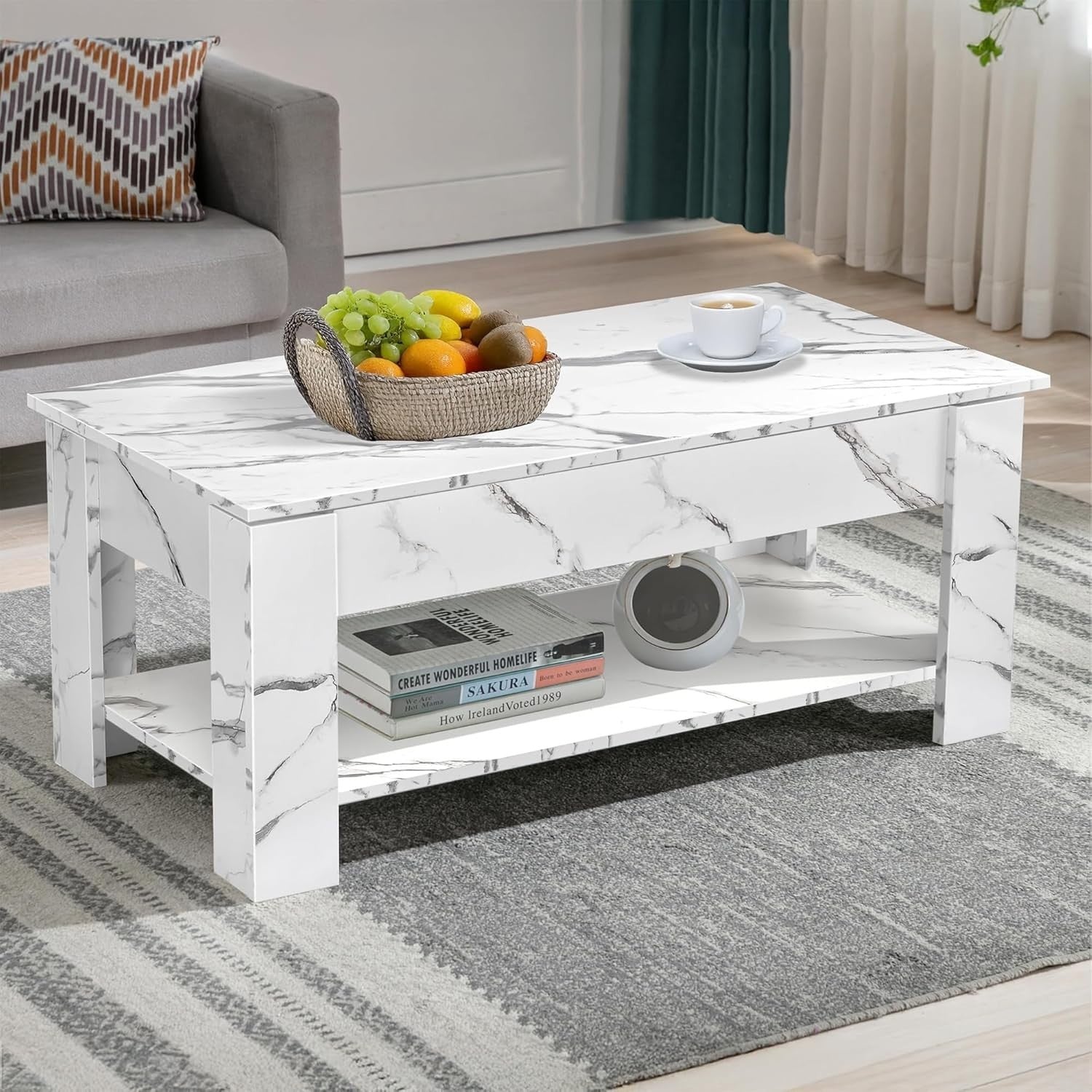 Lift Top Coffee Table with Storage White Marble 120x60cm Modern Living Room