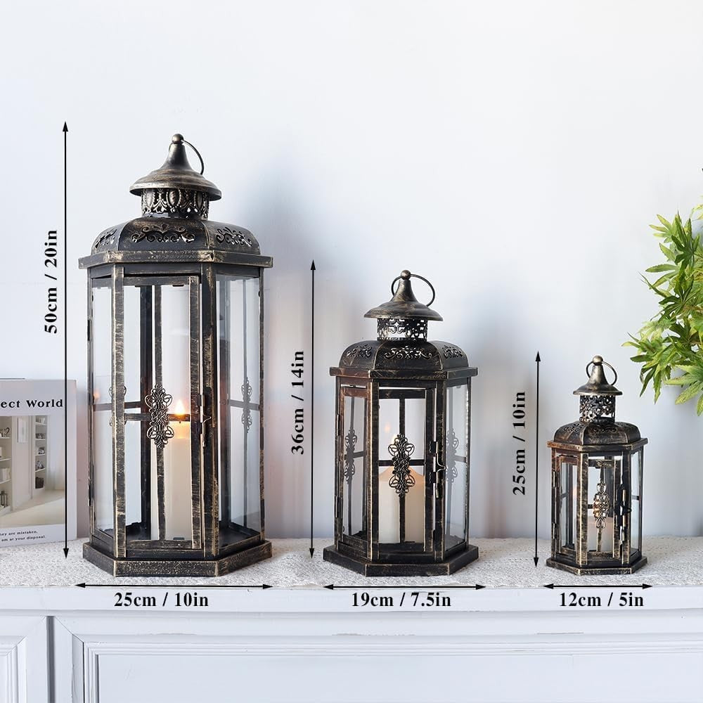 3 Pack Metal Candle Lanterns Indoor Outdoor Black Gold