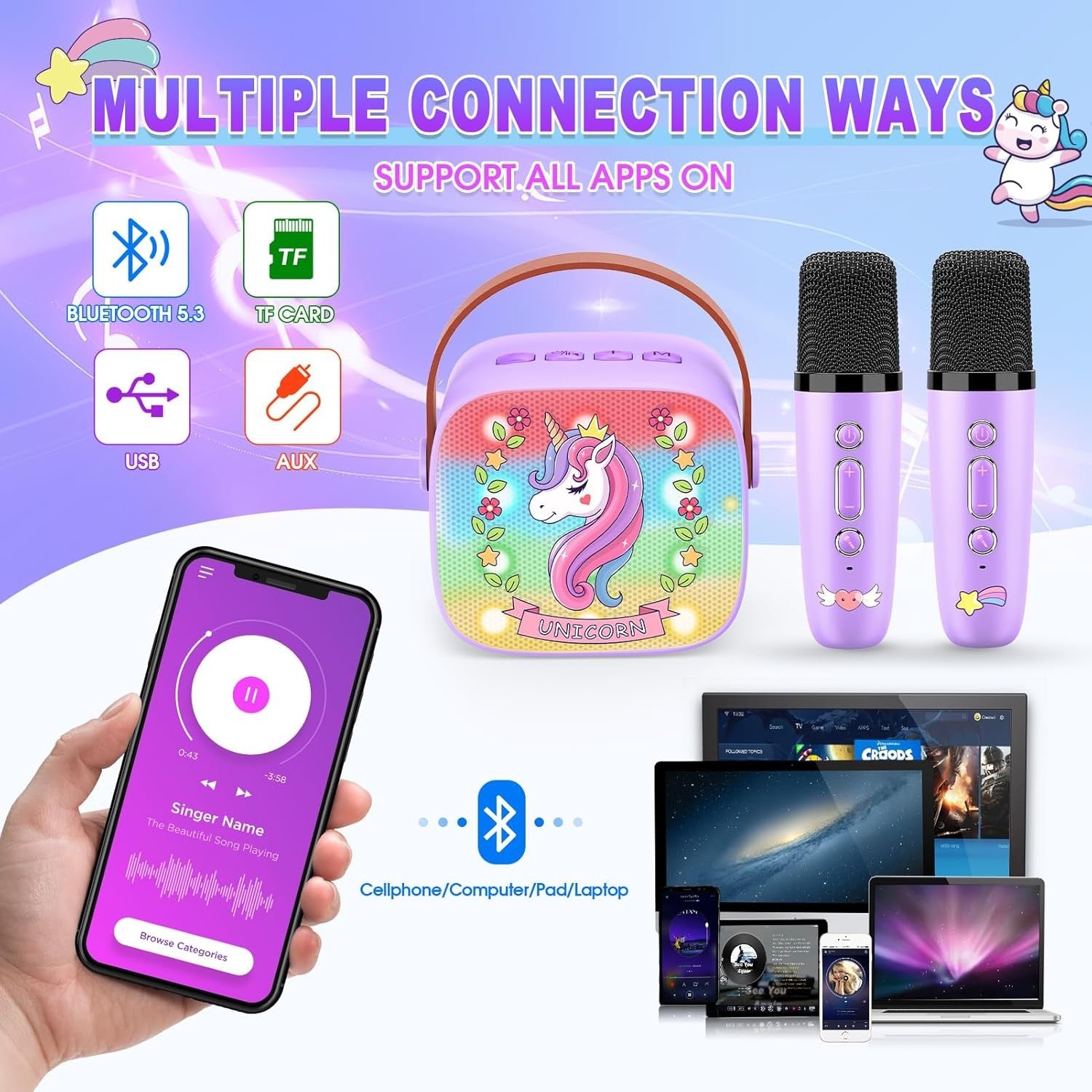 Mini Unicorn Karaoke Machine Kid Bluetooth Speaker 2 Mics