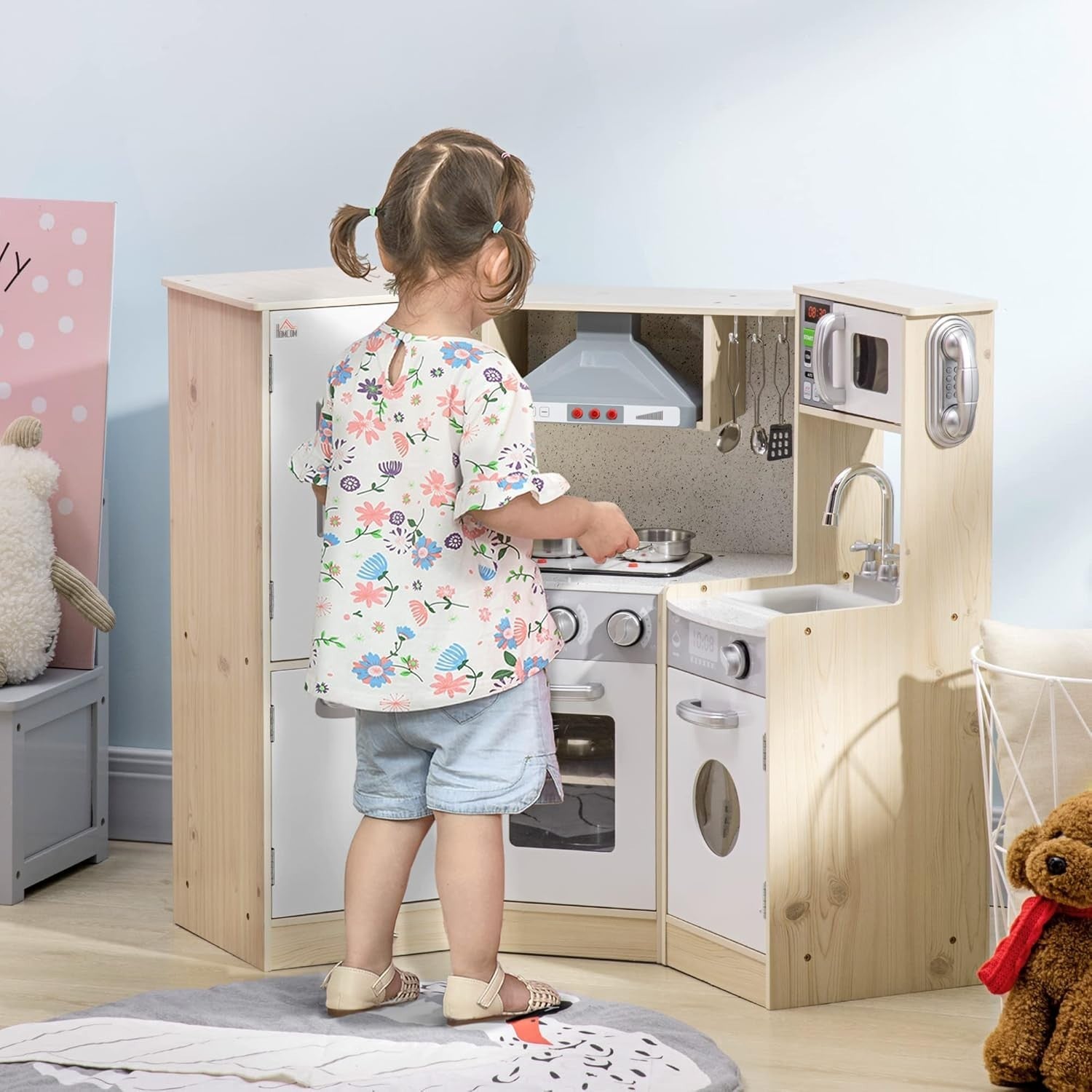 Kids Wooden Play Kitchen Set w/ Lights Sounds Phone Storage Toys