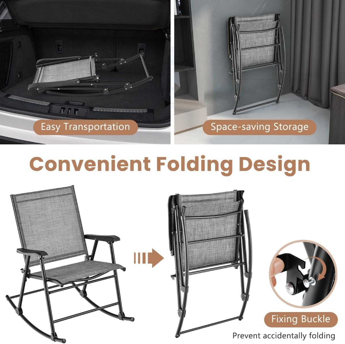 Outdoor Folding Rocking Chairs with Tempered Glass Table Patio Set