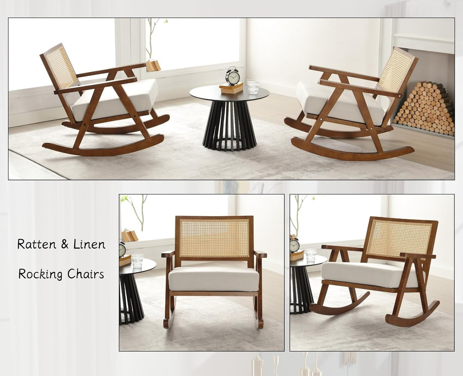 Comfortable Upholstered Rocking Chair with Rattan Back & Solid Wood Legs