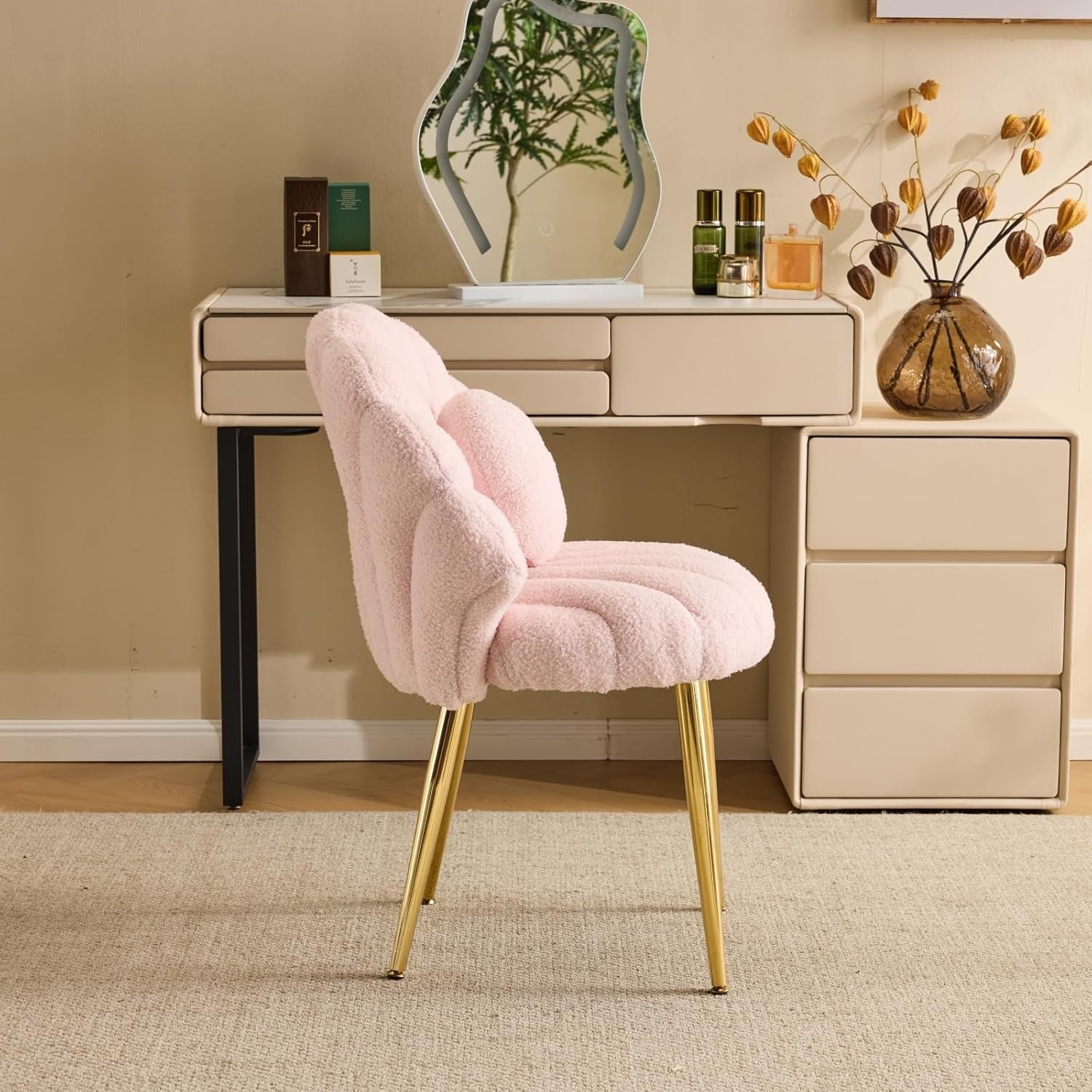 Pink Teddy Accent Chair Gold Legs Vanity Dressing Table Armchair