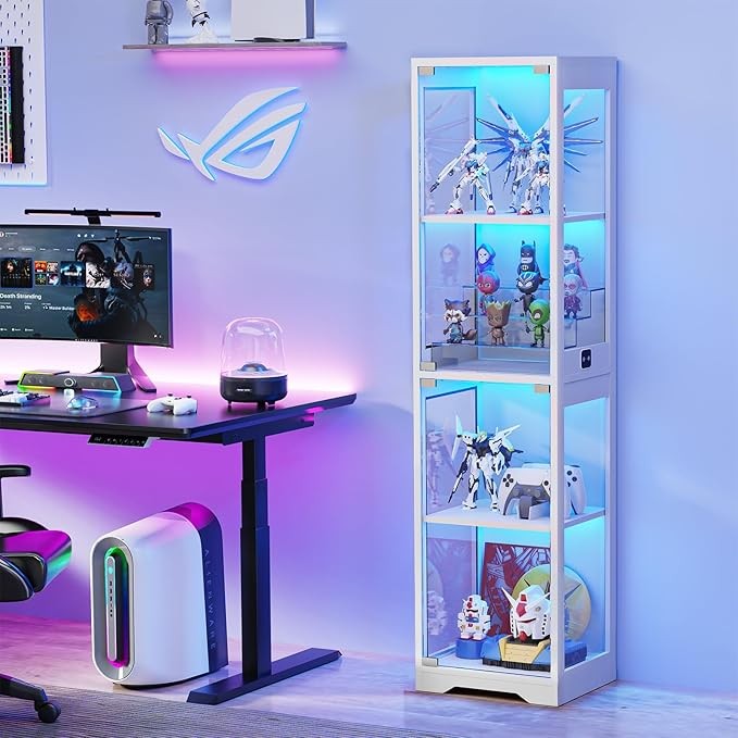 Tall LED Display Cabinet with Glass Doors, 63" Shelf Unit, 3-Color Lights, Senso