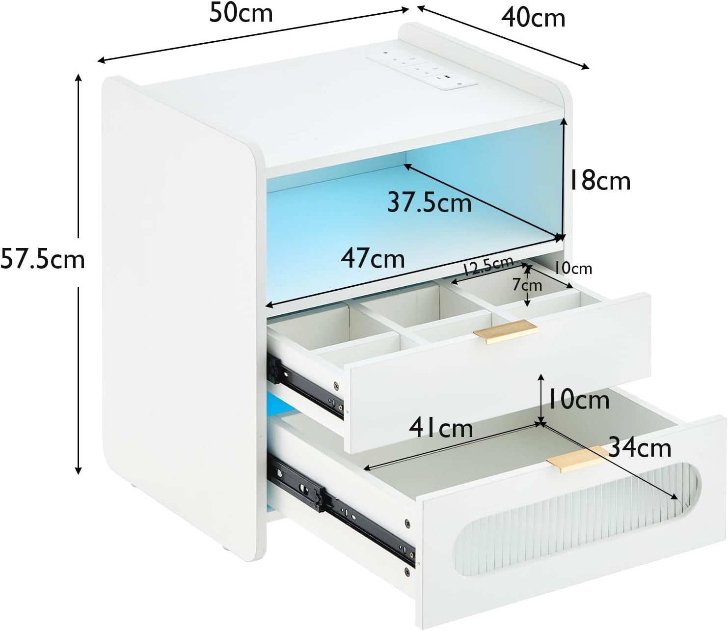 Modern White Bedside Table with LED Lights & USB Charging Ports, 2 Drawers