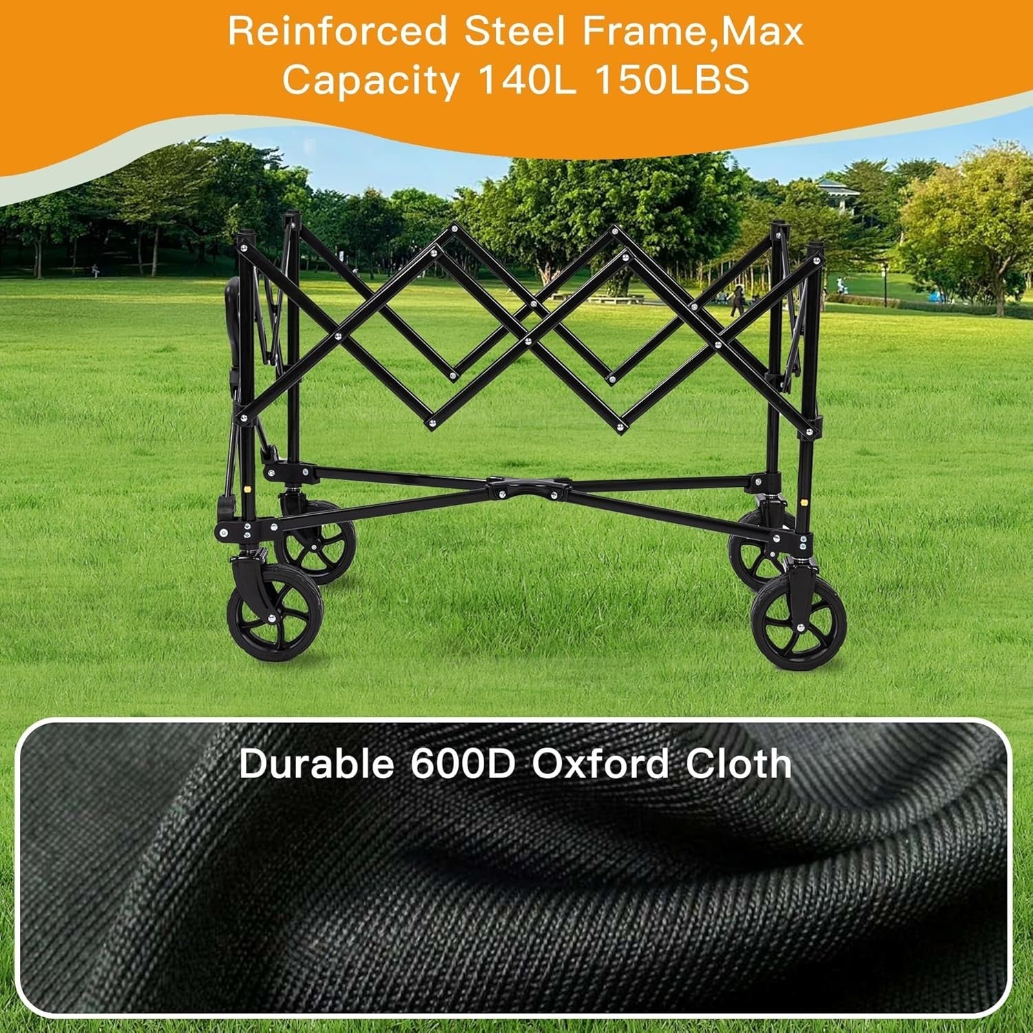 140L Folding Utility Wagon Cart All-Terrain Wheels Telescopic Handle Black