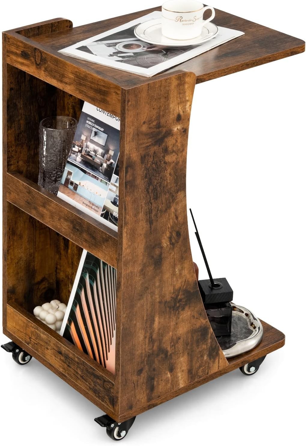 C-Shaped Sofa Side Table with Wheels & Storage – Overbed Snack Coffee Stand