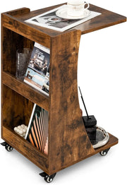 C-Shaped Sofa Side Table with Wheels & Storage – Overbed Snack Coffee Stand