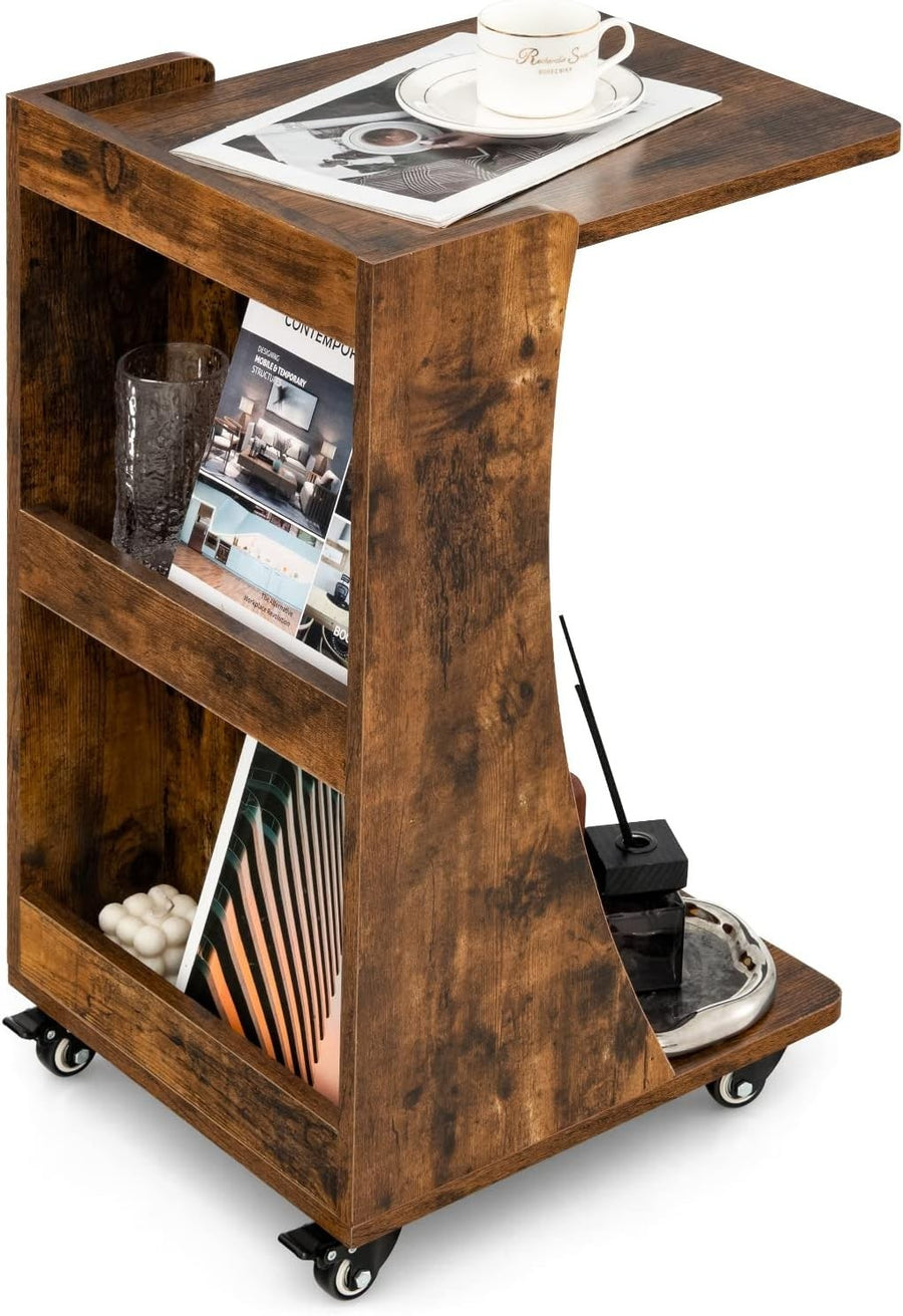 C-Shaped Sofa Side Table with Wheels & Storage – Overbed Snack Coffee Stand