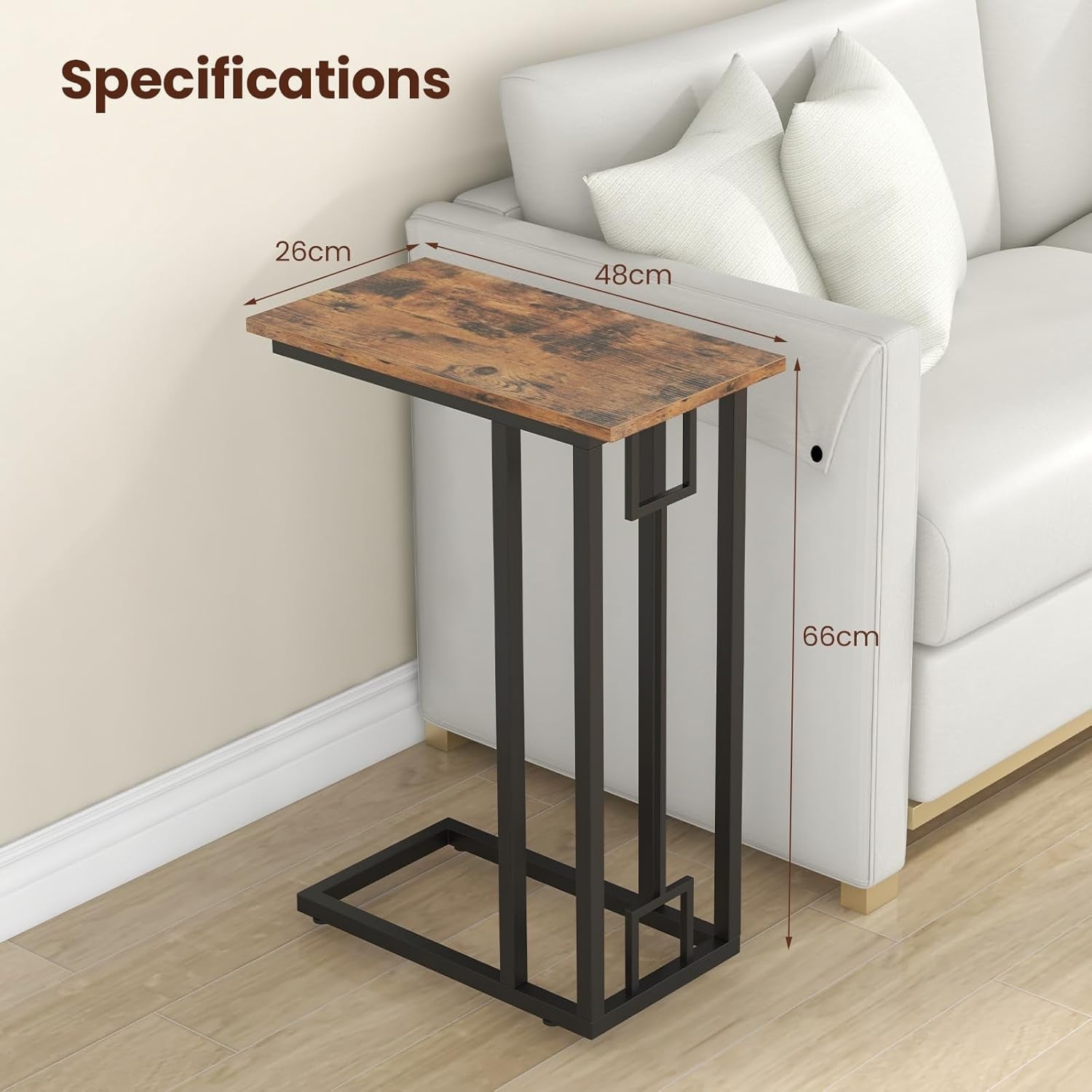 Slim Industrial C-Shaped Side Table with Storage Shelf for Sofa Bed Laptop