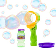 Kids Push Button Bubble Wand Toy with Solution Tray Outdoor Fun Green