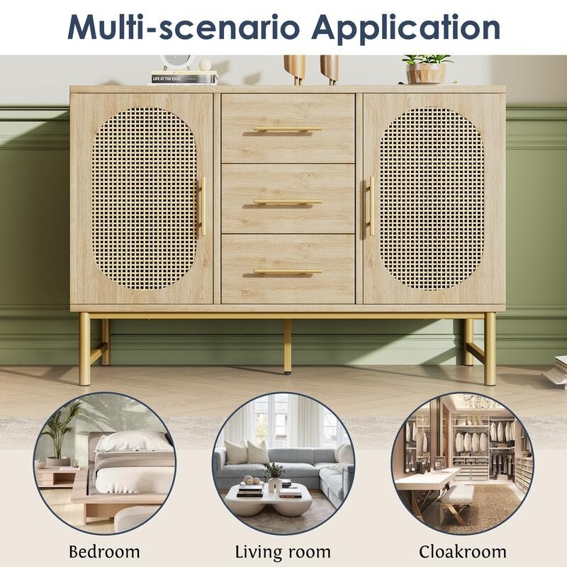 Rattan Sideboard Storage Cabinet Oak 2 Door 3 Drawer Hallway Unit