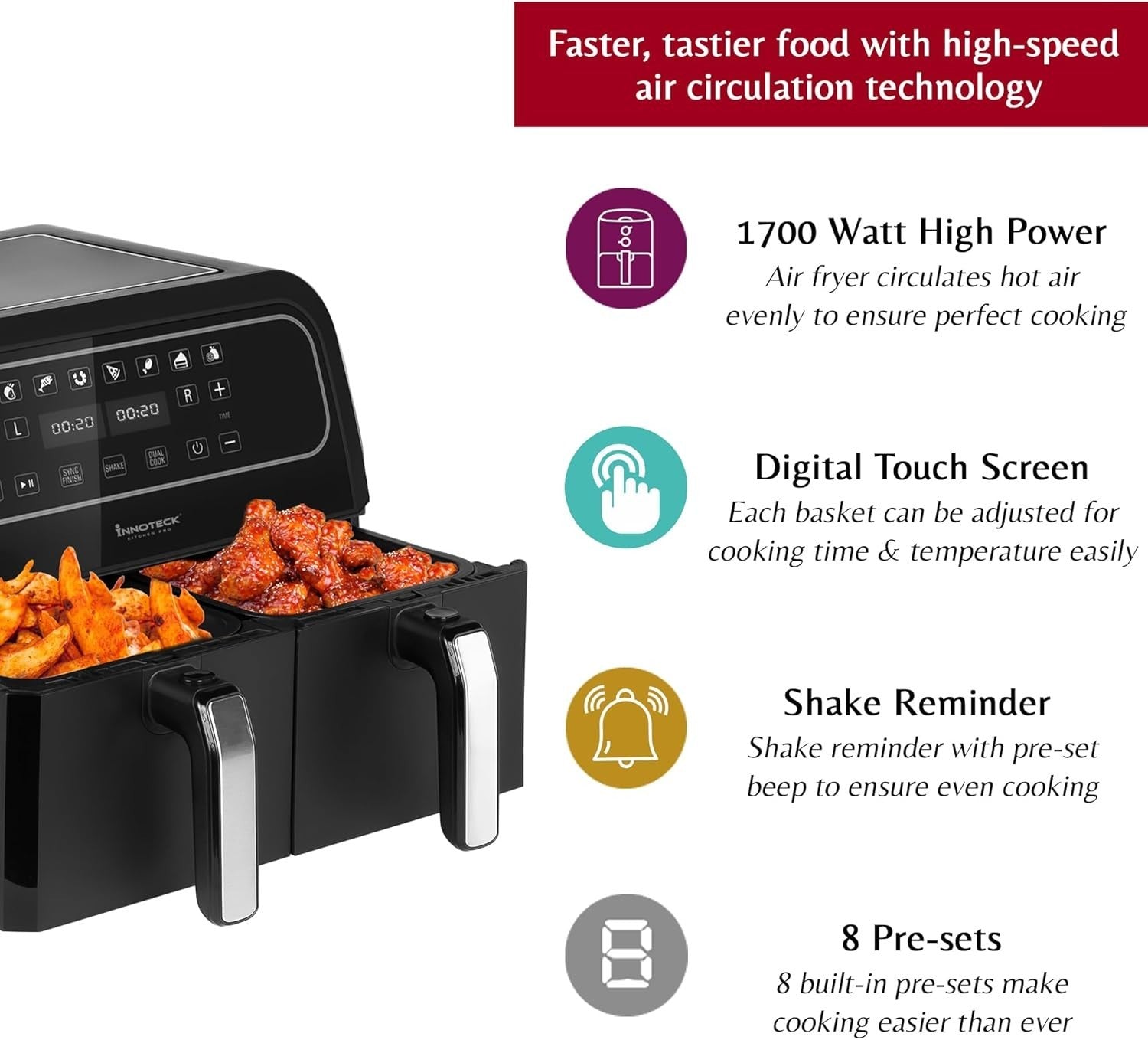 8L Dual Basket Digital Air Fryer | 8 Presets | Dual Zone Cooking | 1700W
