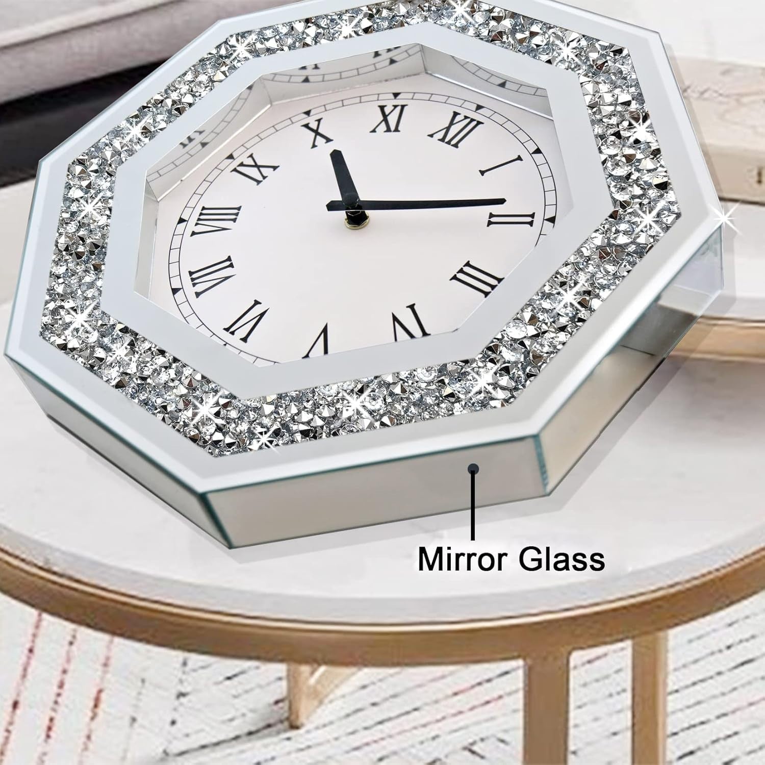 Large Octagon Mirror Wall Clock Diamond Frame Silent Non-Ticking 20 Inch