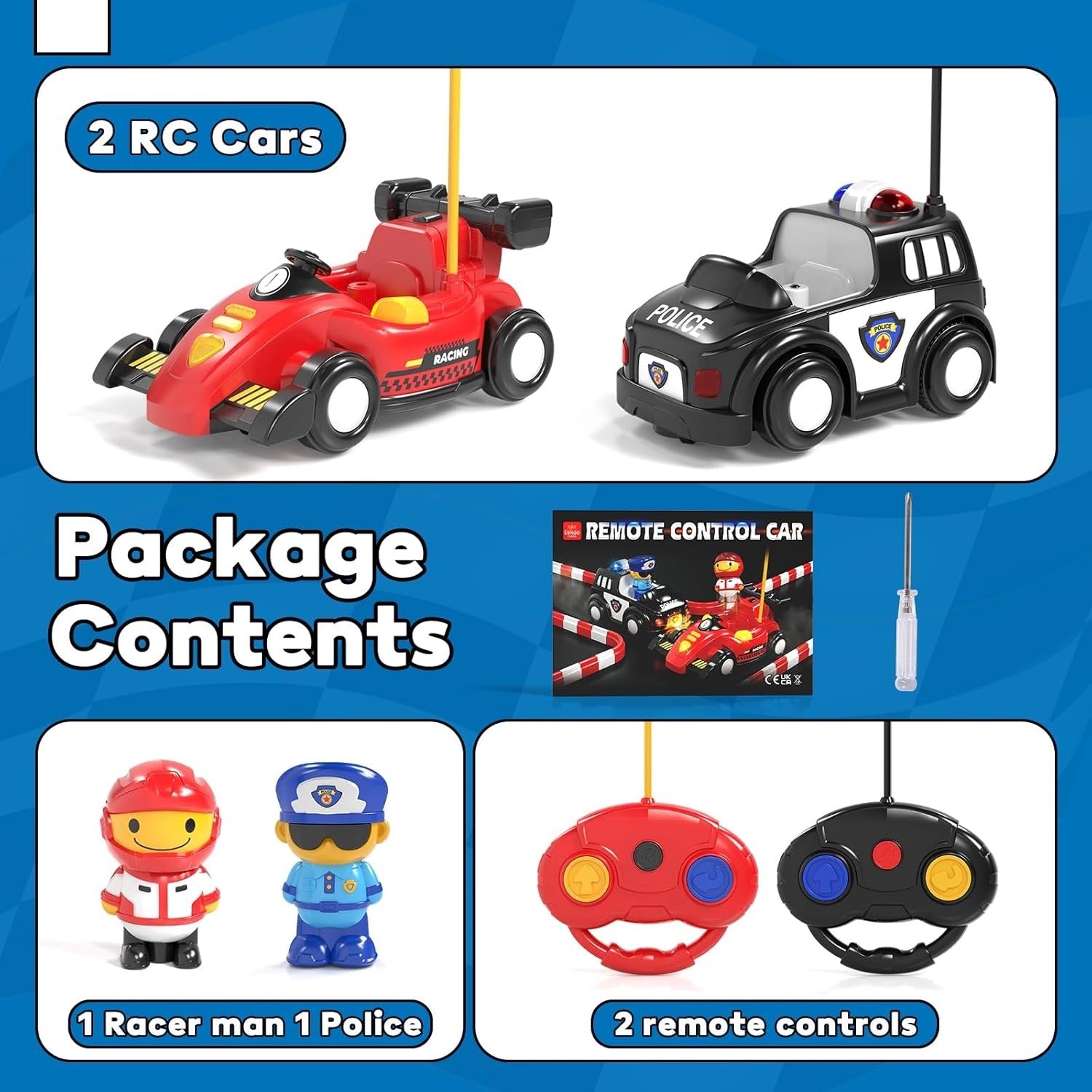 2 Pack RC Cars for Kids 1–3 Pop-Up Police & Race Car Lights Music Remote Control