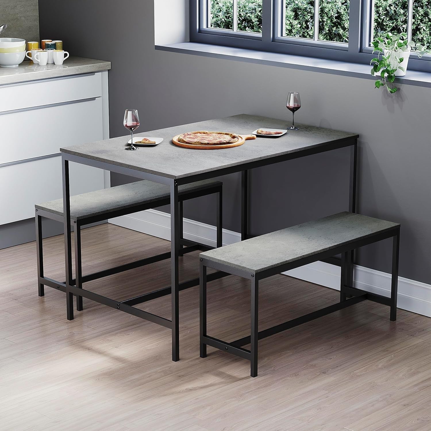 4 Seater Dining Table Set with 2 Benches - Compact Modern Metal Frame Grey