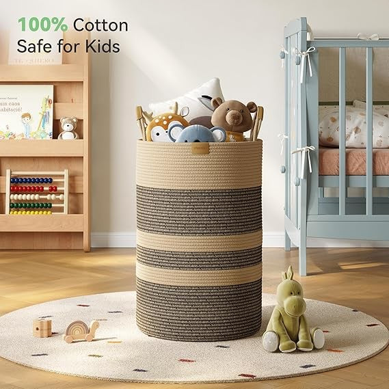 75L Foldable Woven Laundry Basket with Leather Handles, Large Striped Hamper