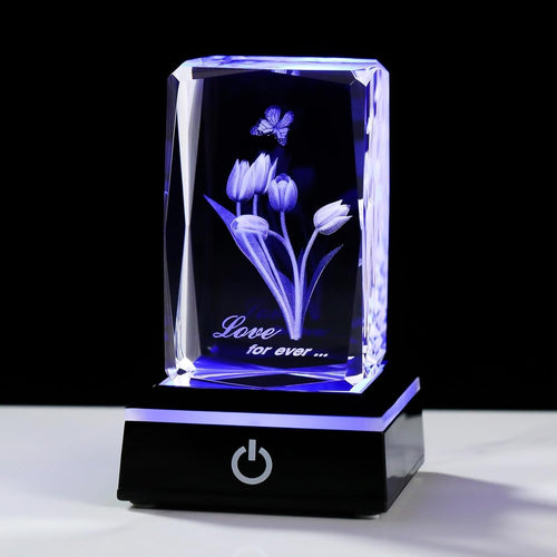 3D Crystal Tulip With Butterfly LED Light Base Gift Ornament For Women/Mum