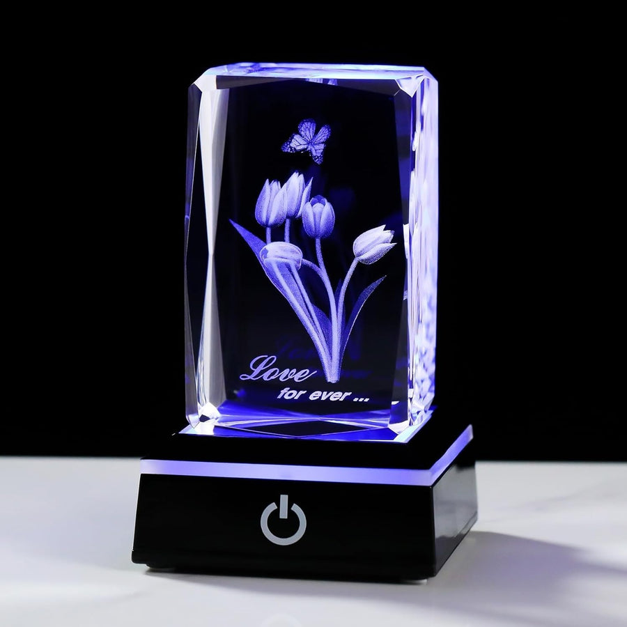3D Crystal Tulip With Butterfly LED Light Base Gift Ornament For Women/Mum