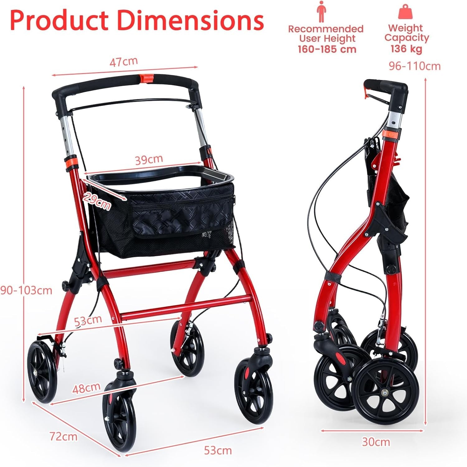 4 Wheel Rollator Walker Lightweight Folding Walking Brakes Tray