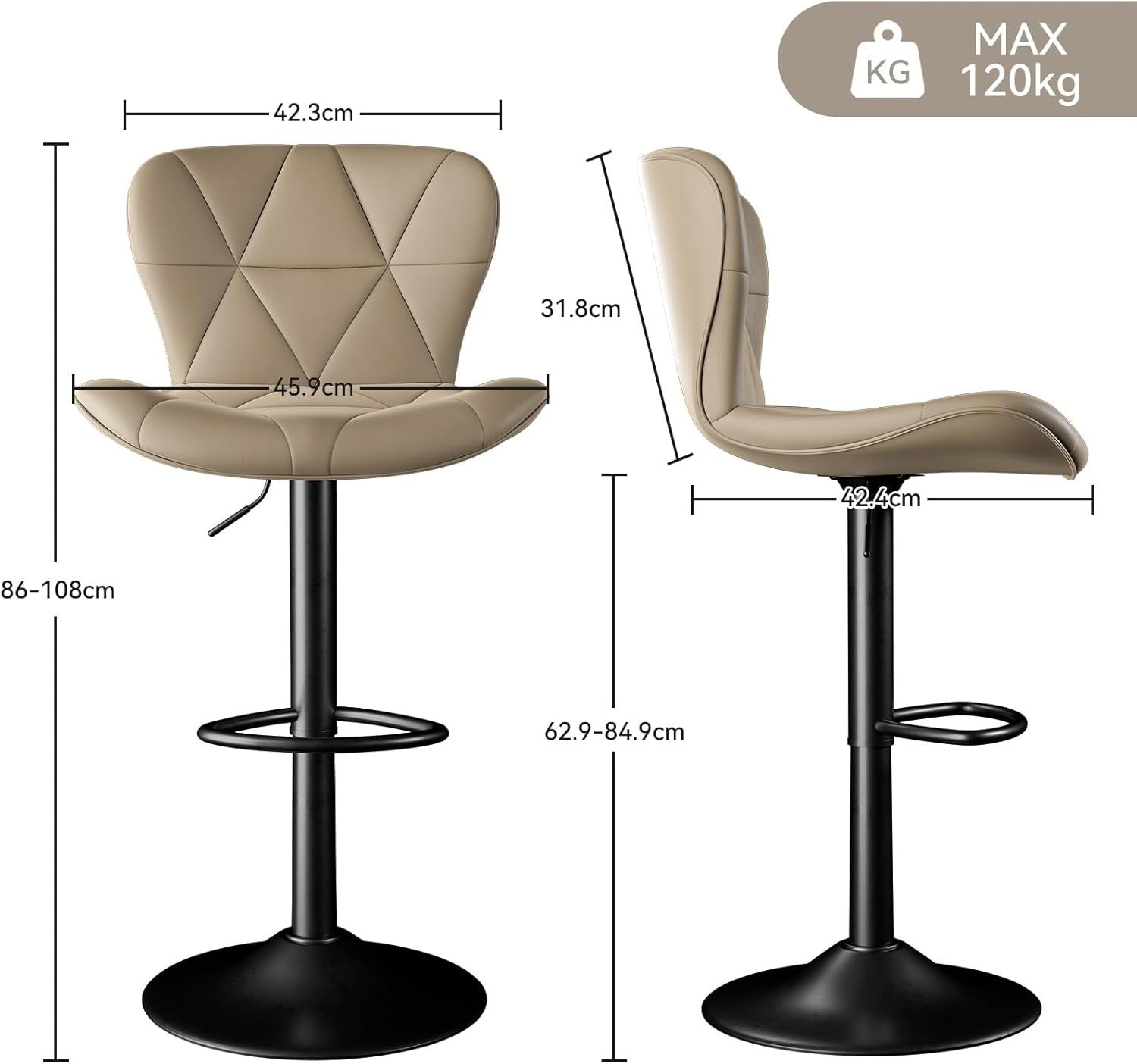 Adjustable Swivel Bar Stools Set of 2 Faux Leather Counter Height Khaki