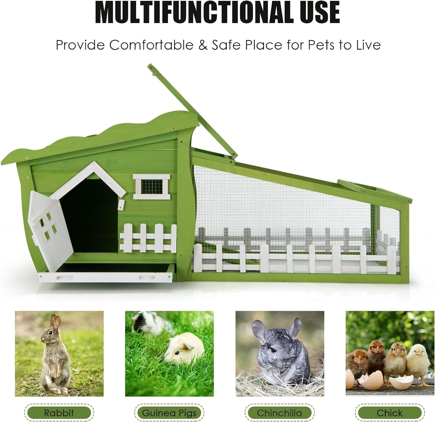 Wooden Rabbit Hutch with Run Outdoor Cage Slide Tray Lockable Door