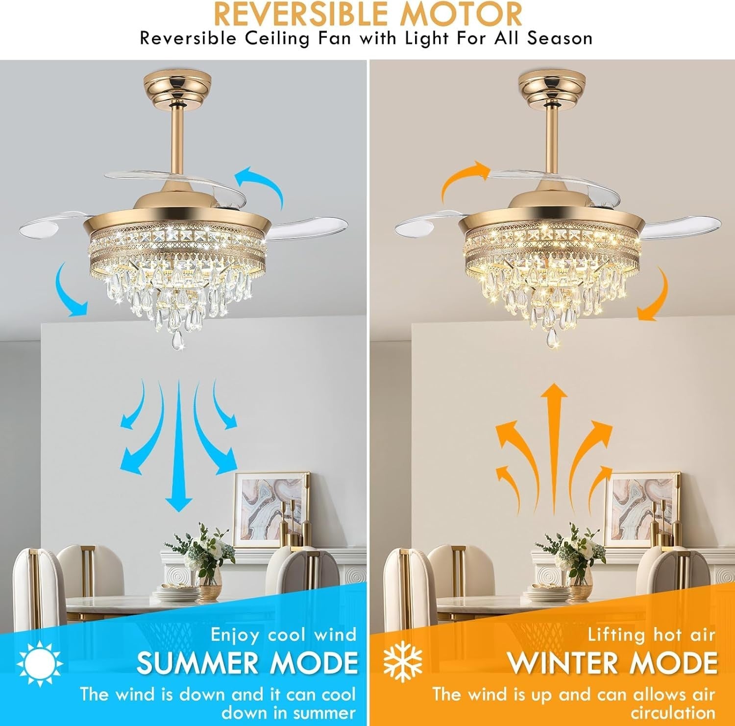 Crystal Ceiling Fan, 6 Speeds, Dimmable LED, Remote, Reversible