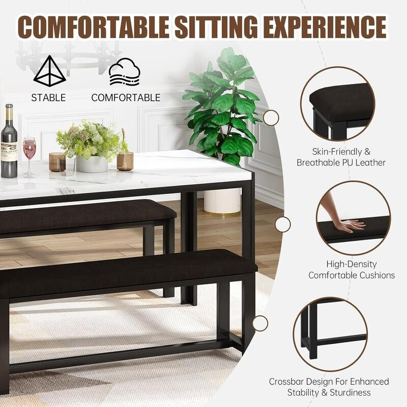 Faux Marble Dining Table Set with 2 Benches – Space Saving, 4 Seater