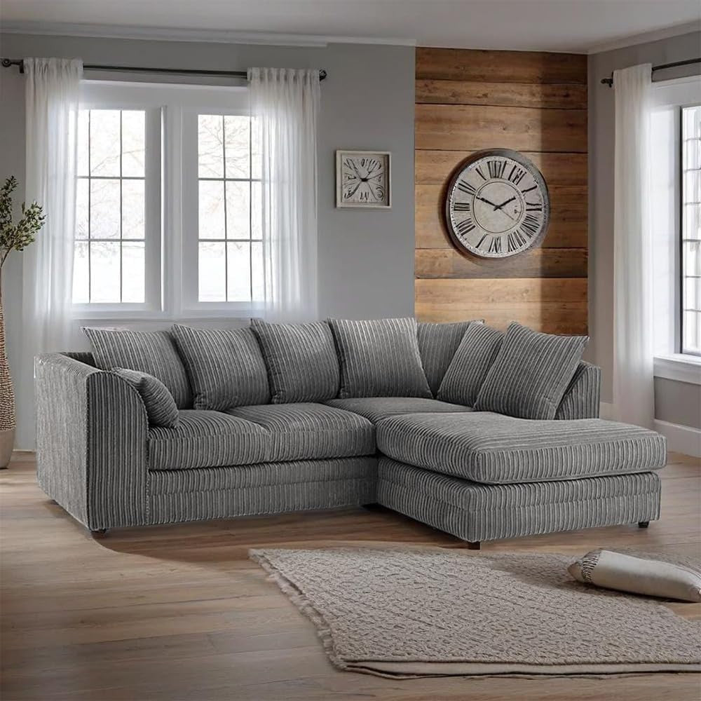 Grey Jumbo Cord 4-Seater L Shape Sofa Fire Resistant Soft Cushions Modern