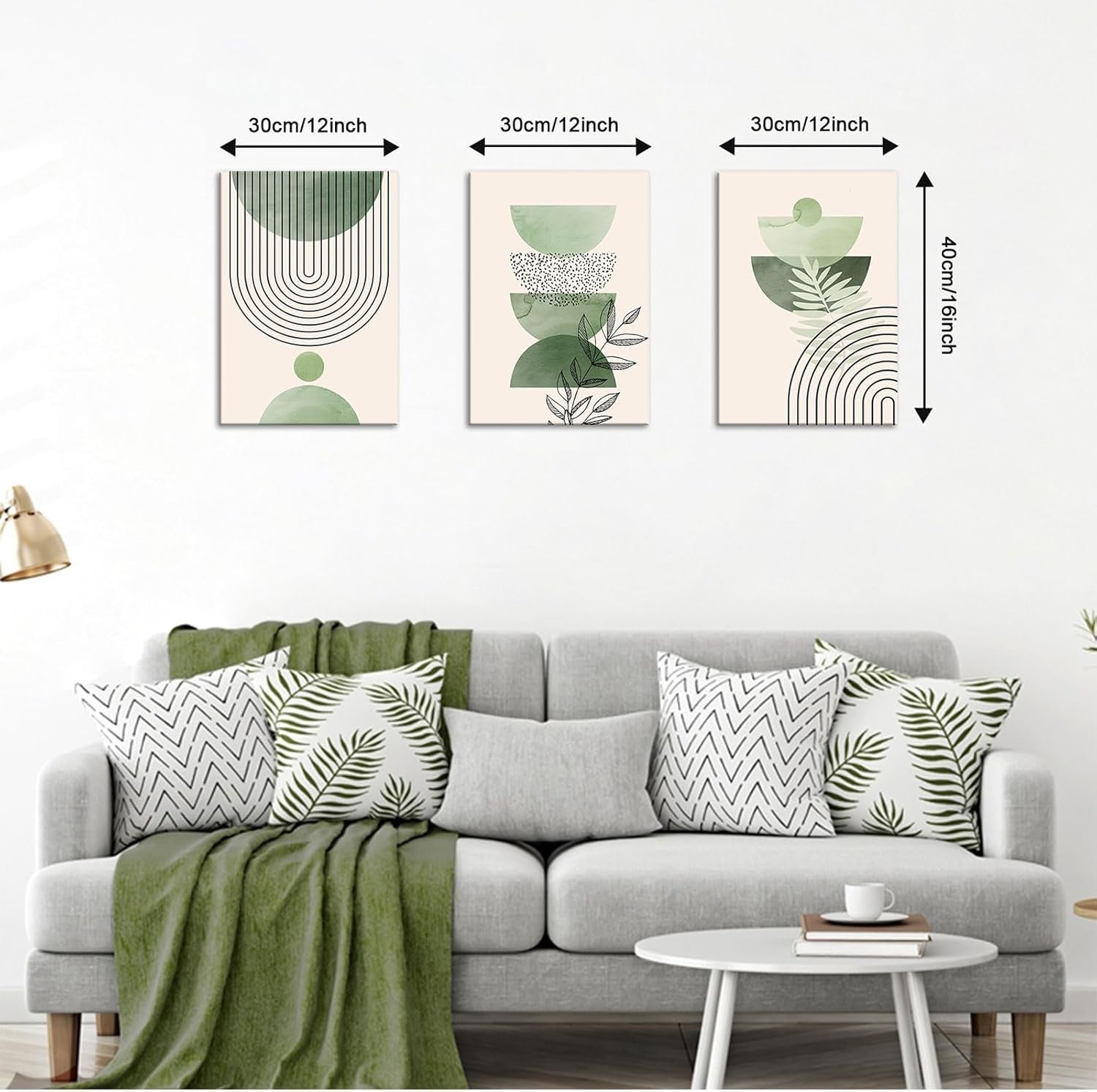 Sage Green Canvas Wall Art Set of 3 Framed Boho Plant Prints