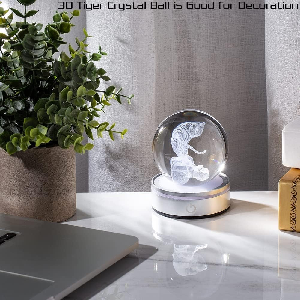 3D Tiger Crystal Ball LED Light • Laser Engraved White Tiger Ornament