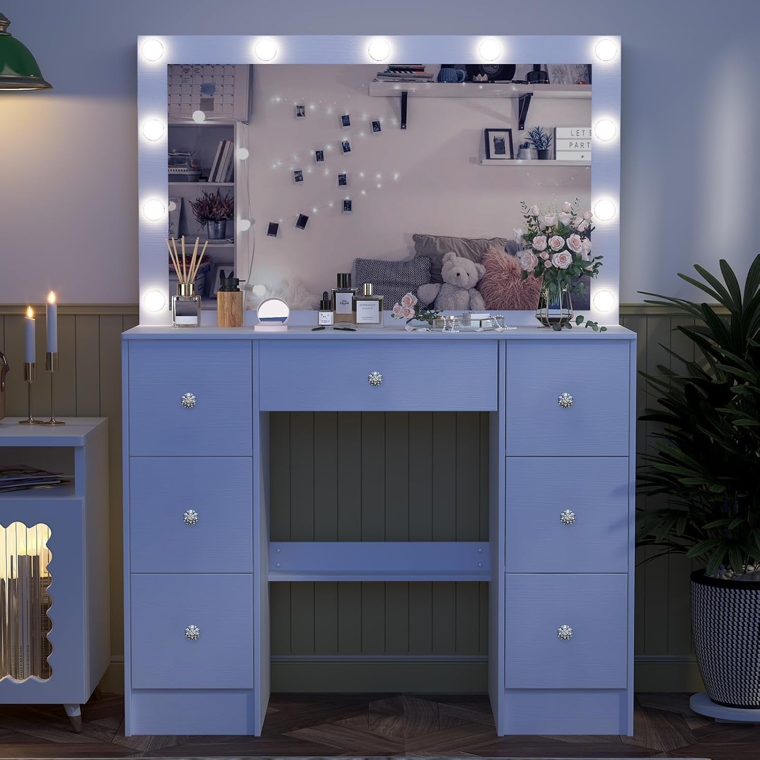 White Vanity Makeup Dresser Table 7 Drawers Large Mirror 3-Color LED Light Stool