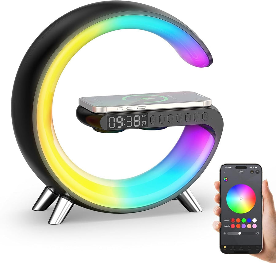 Black RGB G-Shape Sunrise Wake Up Light Alarm Bluetooth Speaker Wireless Charger