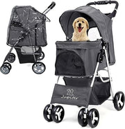 Dog Stroller with Rain Cover Foldable Pet Pram 4 Wheel Travel Buggy