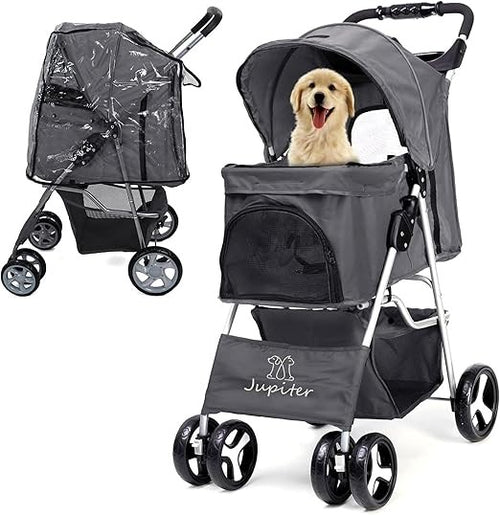 Dog Stroller with Rain Cover Foldable Pet Pram 4 Wheel Travel Buggy