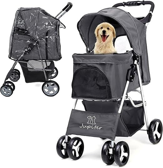Dog Stroller with Rain Cover Foldable Pet Pram 4 Wheel Travel Buggy