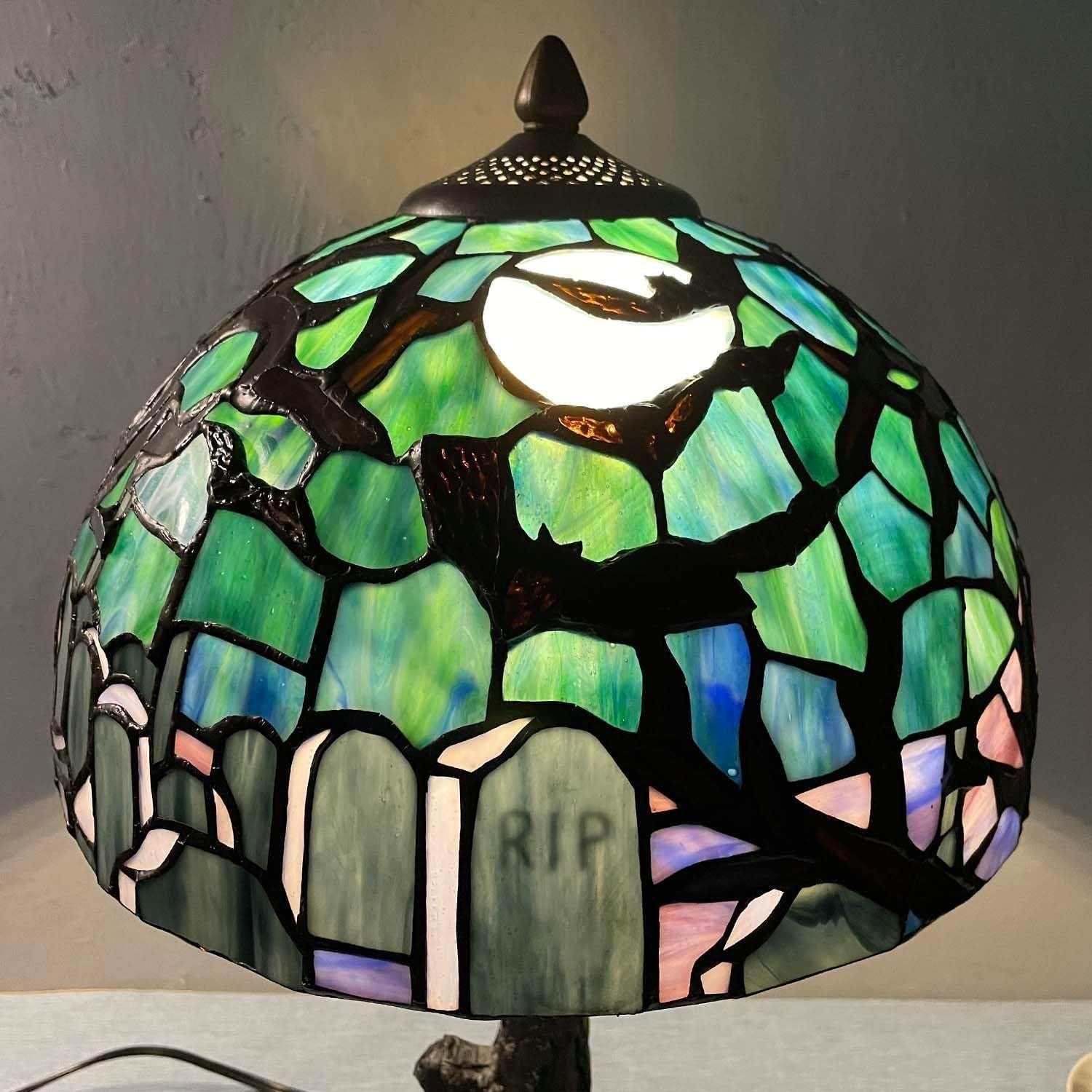 Gothic Tiffany-Style Stained Glass Table Lamp with Graveyard Scene, 30cm