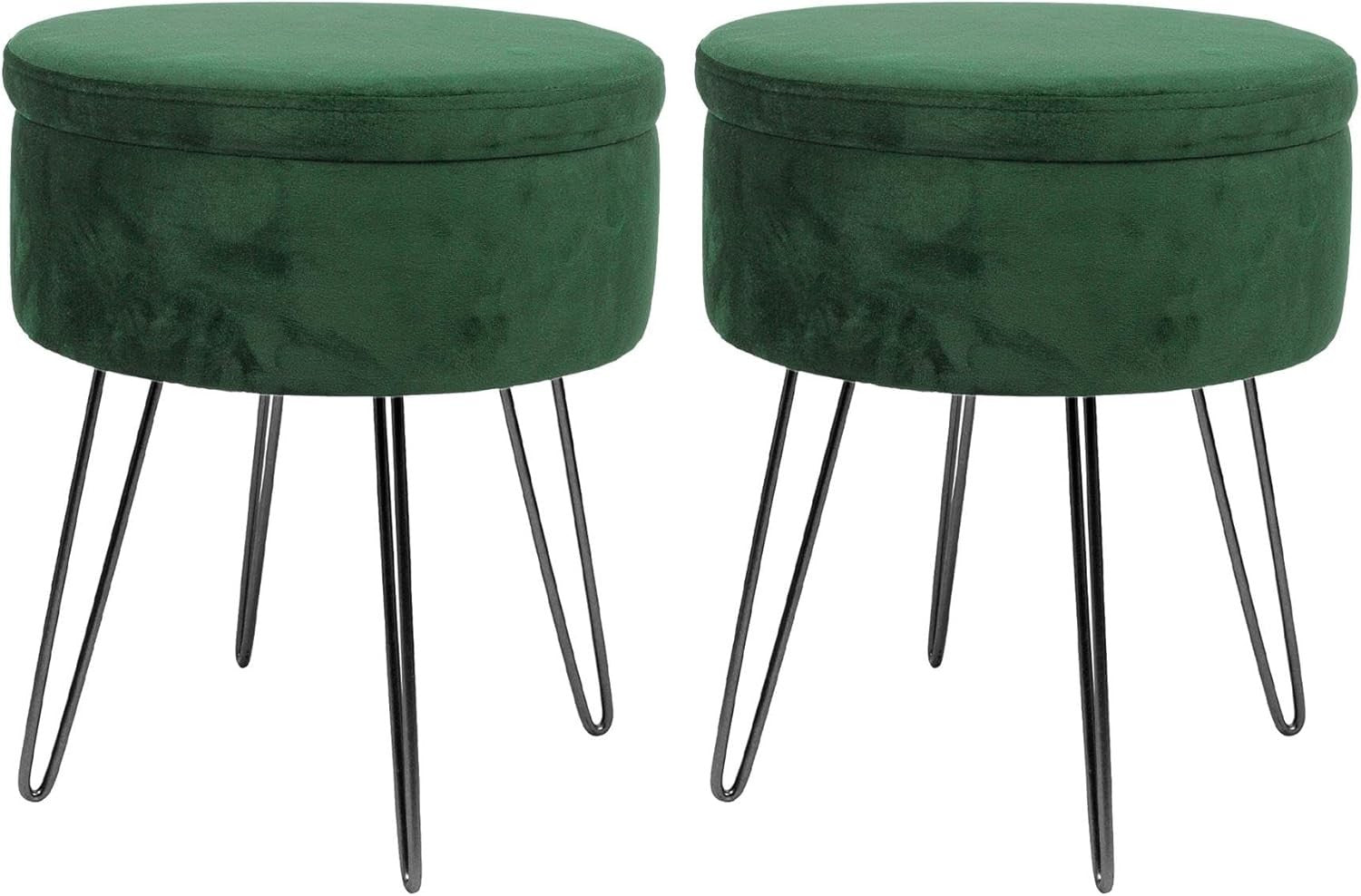 Set of 2 Green Velvet Storage Footstools Black Legs Modern Round Pouffes