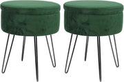 Set of 2 Green Velvet Storage Footstools Black Legs Modern Round Pouffes