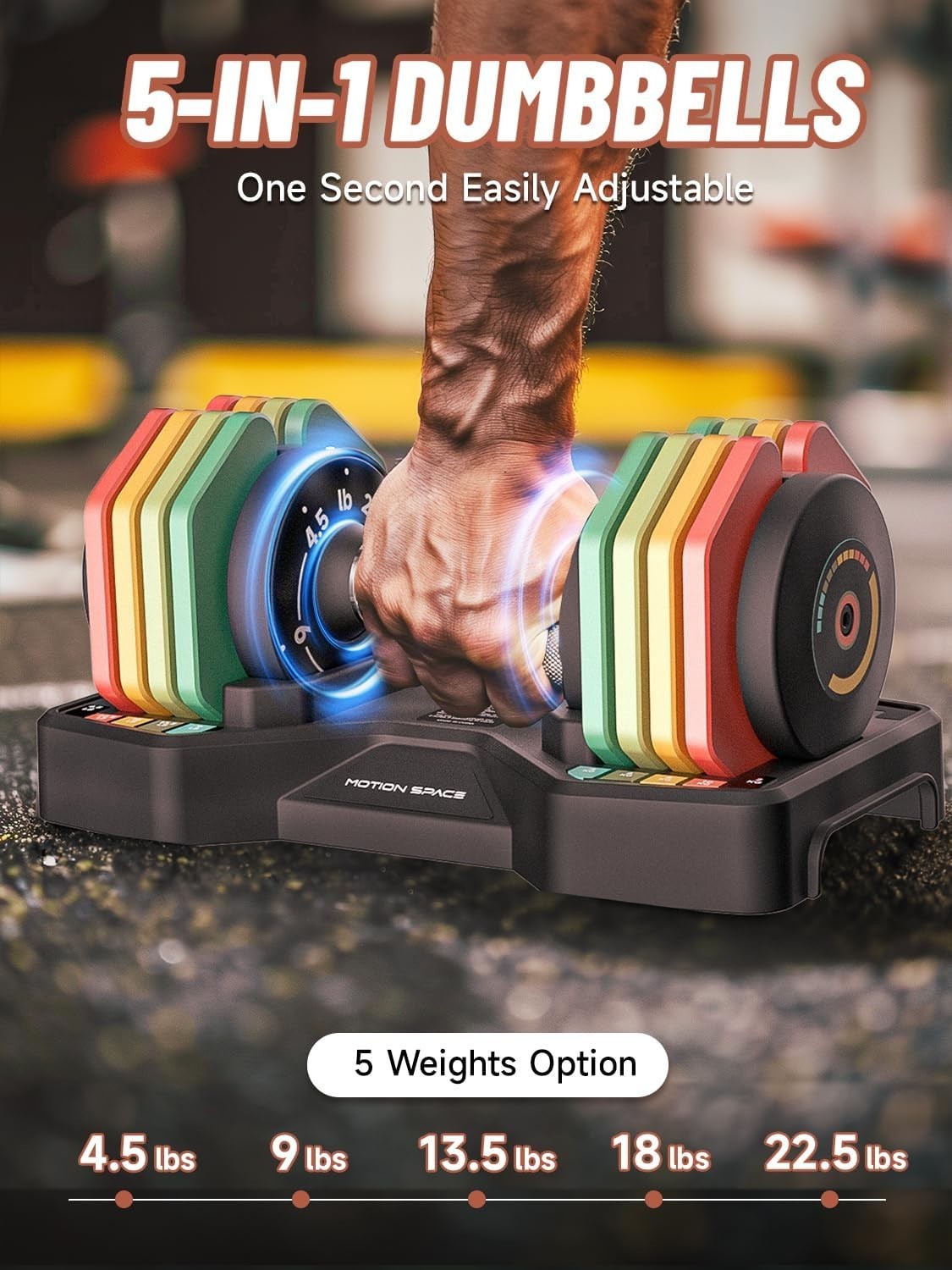 5-in-1 Quick Dial Adjustable Dumbbells Pair 4.5–22.5LB Non-Slip Home Gym