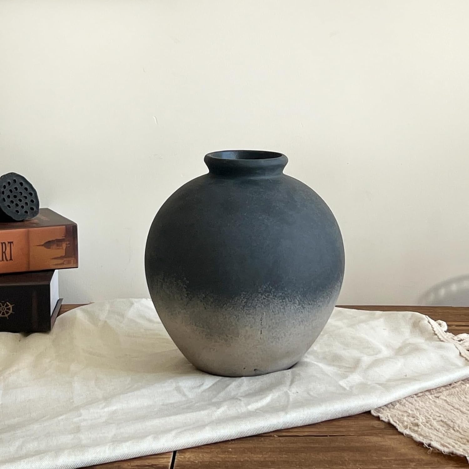 Black Rustic Ceramic Vase Farmhouse Decor 22cm Table Centrepiece Gift