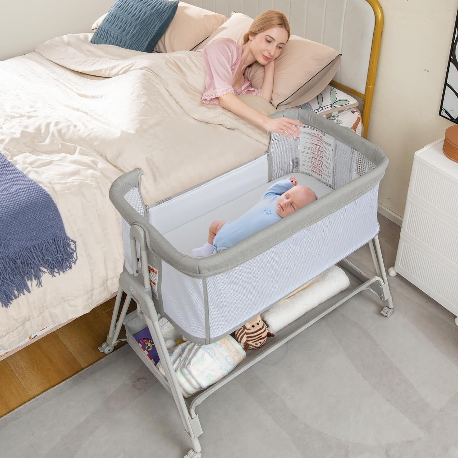 Baby Bedside Crib w/ Mattress 7 Height Adjustable Mesh Sides Storage Shelf Grey