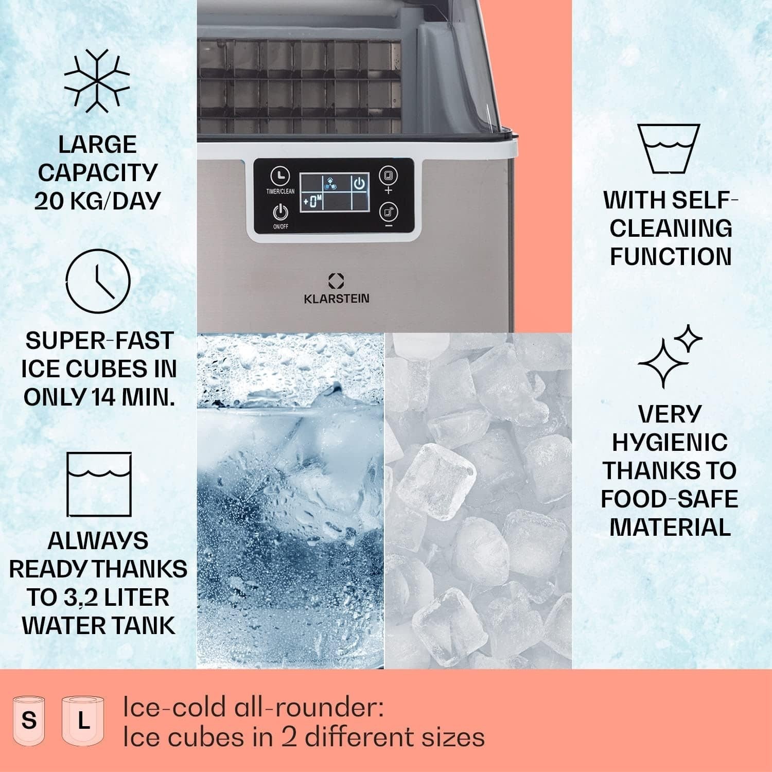 Countertop Ice Maker Fast Bullet Ice 20kg Daily Self Cleaning 3.2L