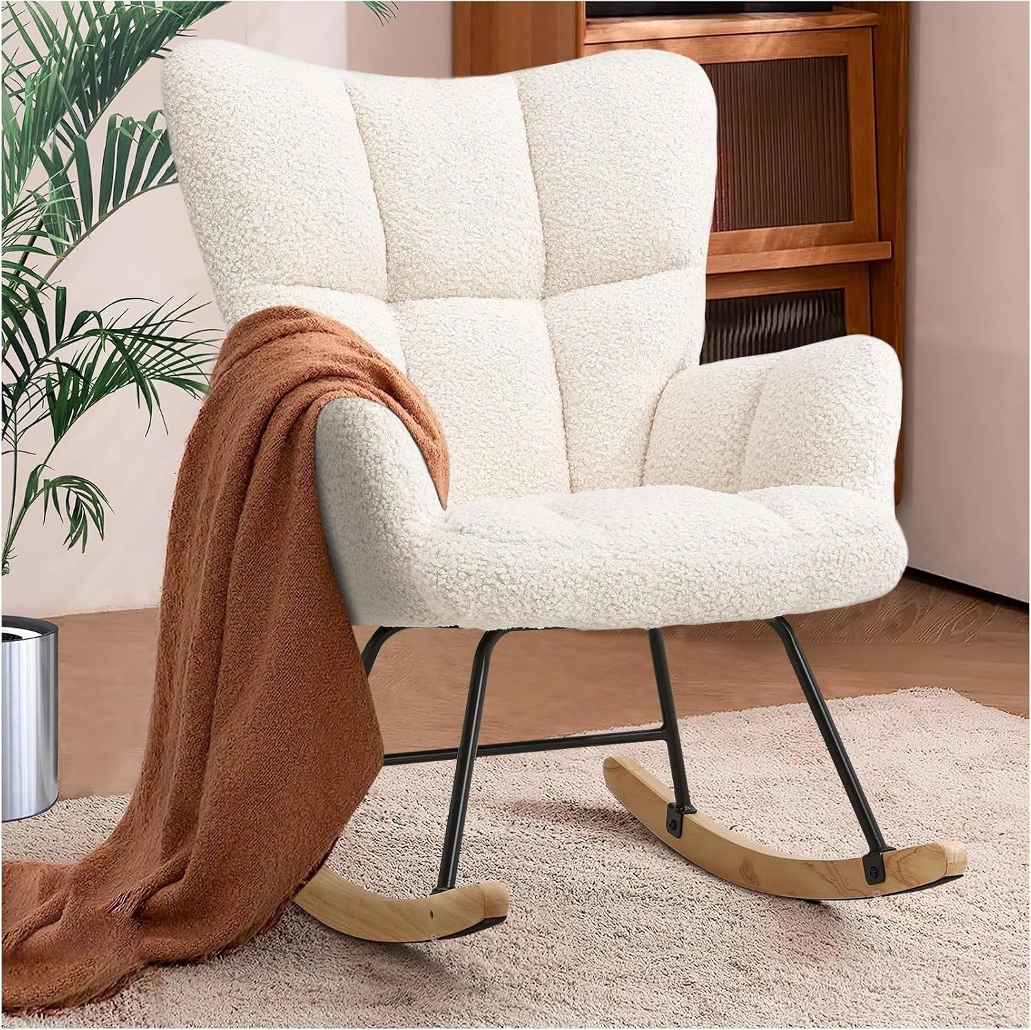Ivory Rocking Chair Teddy Fabric Comfy Armchair for Nursery Lounge Relax