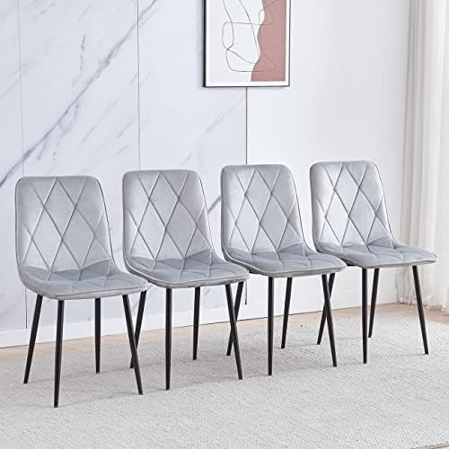 5-Piece Round Glass Dining Table with 4 Grey Velvet Chairs Set for 4