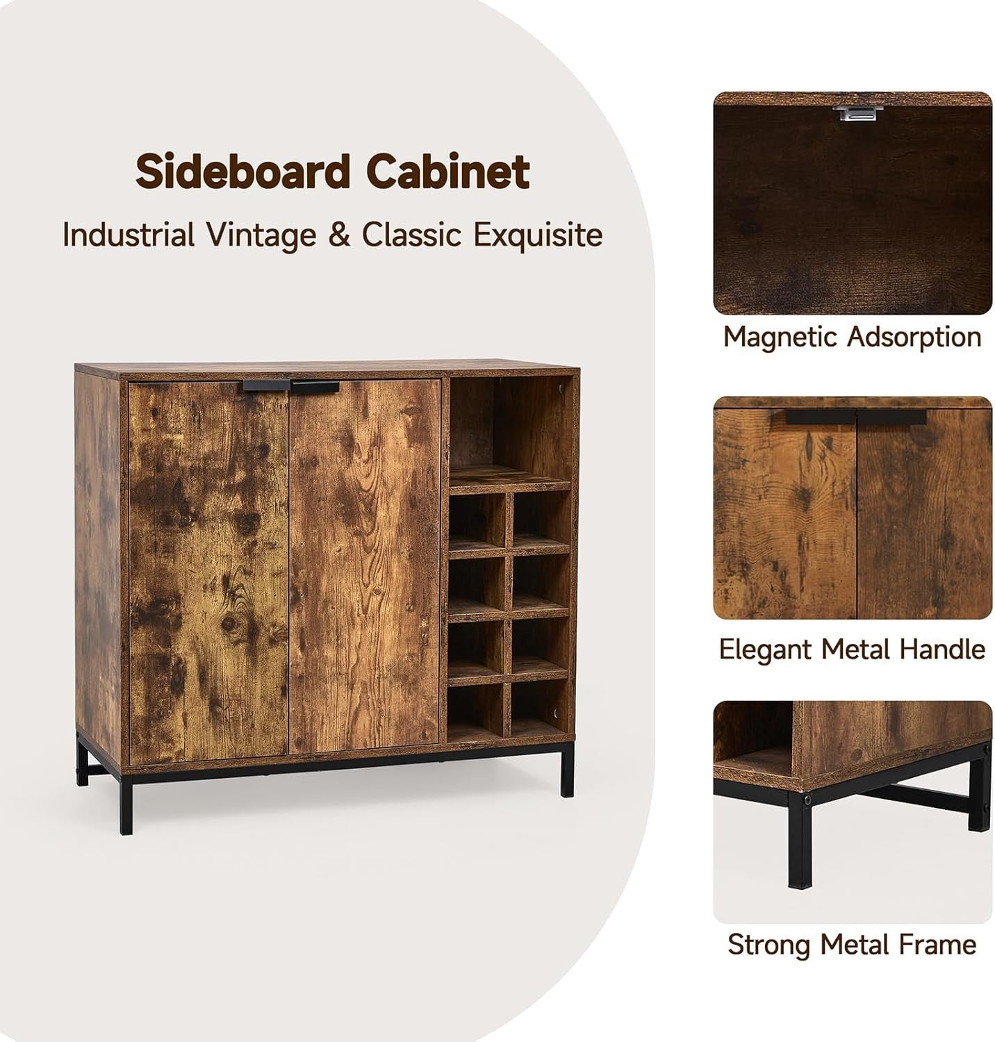 Rustic Sideboard Cabinet with Wine Rack Storage | 2 Door Cupboard | 90cm Console