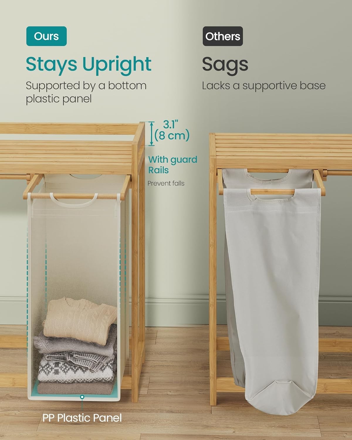 Dual Laundry Hamper with Bamboo Shelf 2 Compartments Sorter 100L Cream